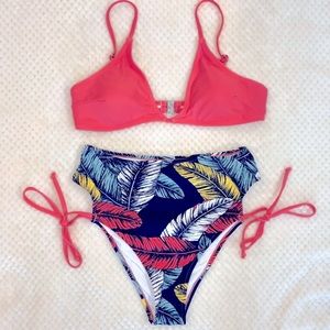 Pink & Leafy High Waisted Bikini Set 🍃